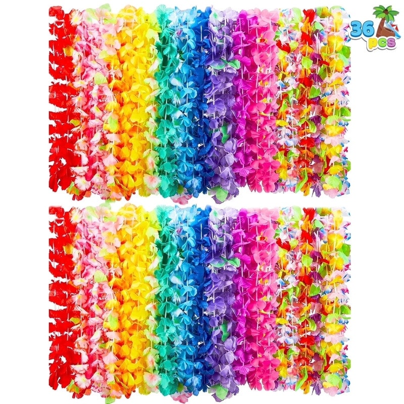 36 Counts Hawaiian Tropical Flower Leis Bulk, 3 Dozen - Multicolor