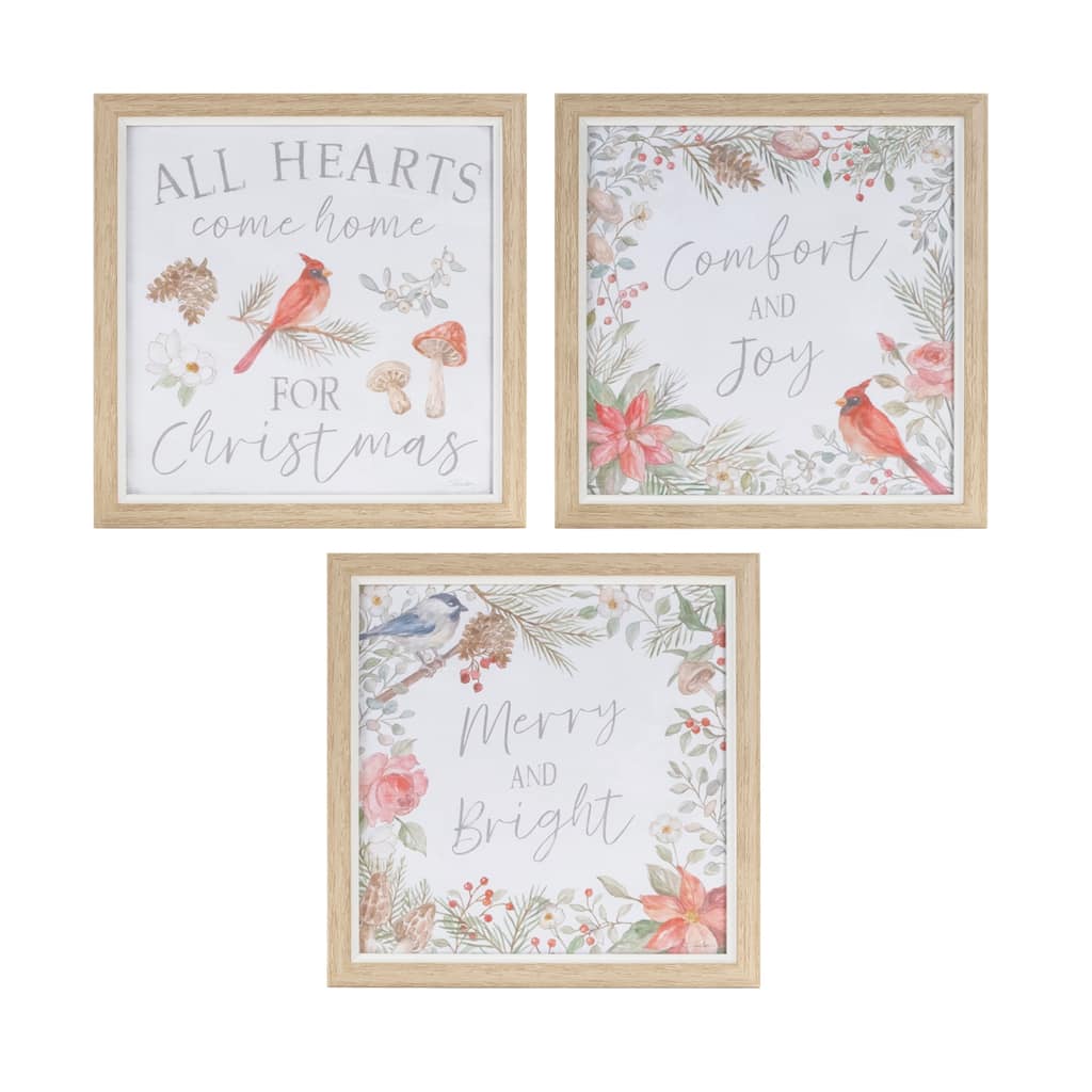 9" Square Set of 3 Christmas Wall Prints Cardinal Birds Red White Winter Foliage Indoor Decoration - 9”L x 0.75”W x 9”H