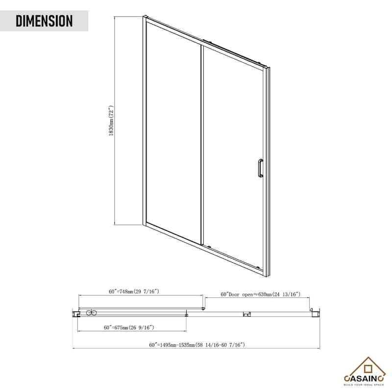 CASAINC 60 "x 72" Framed Single Sliding Shower Door