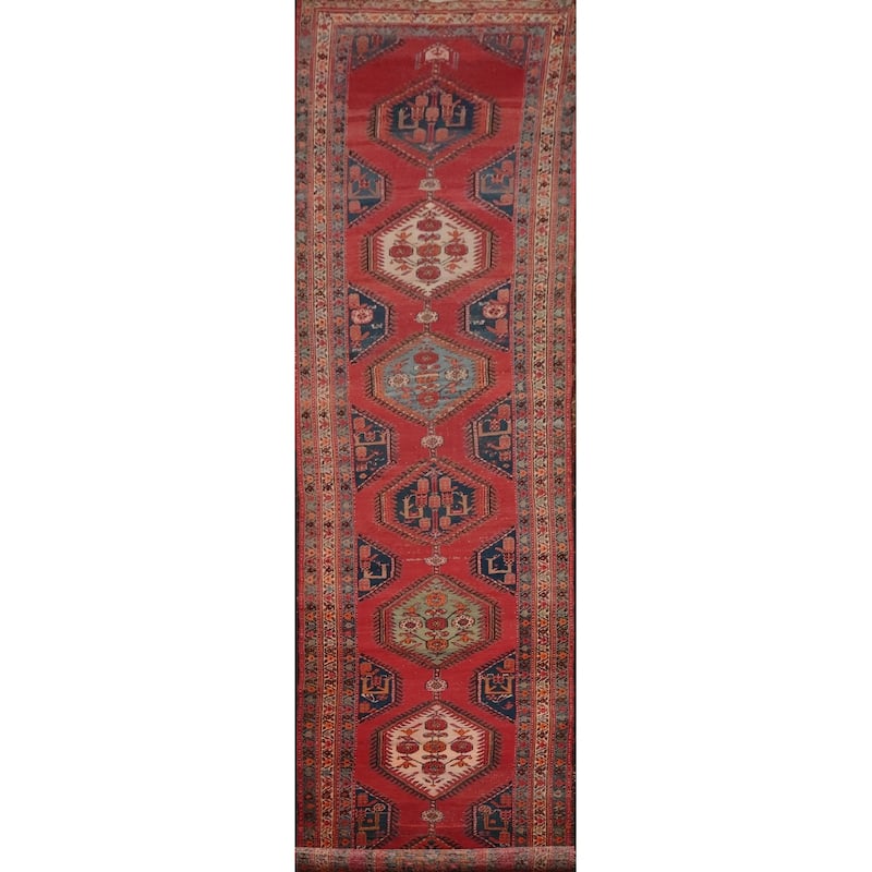 Hand Knotted Oriental 100% Wool Carpet Traditional Geometric Red Heriz Runner Rug - 17' 1'' X 3' 3''