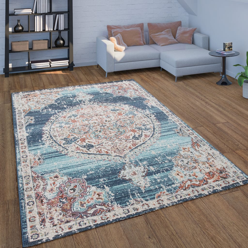 In & Outdoor Area Rug for Patio Oriental Pattern In Blue Grey and Pink