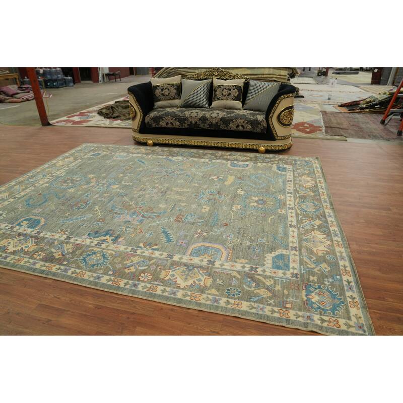 Handmade Gray Oushak Vegetable Dye Area Rug, Floral Geometric Carpet - 11' 10'' X 9' 2''