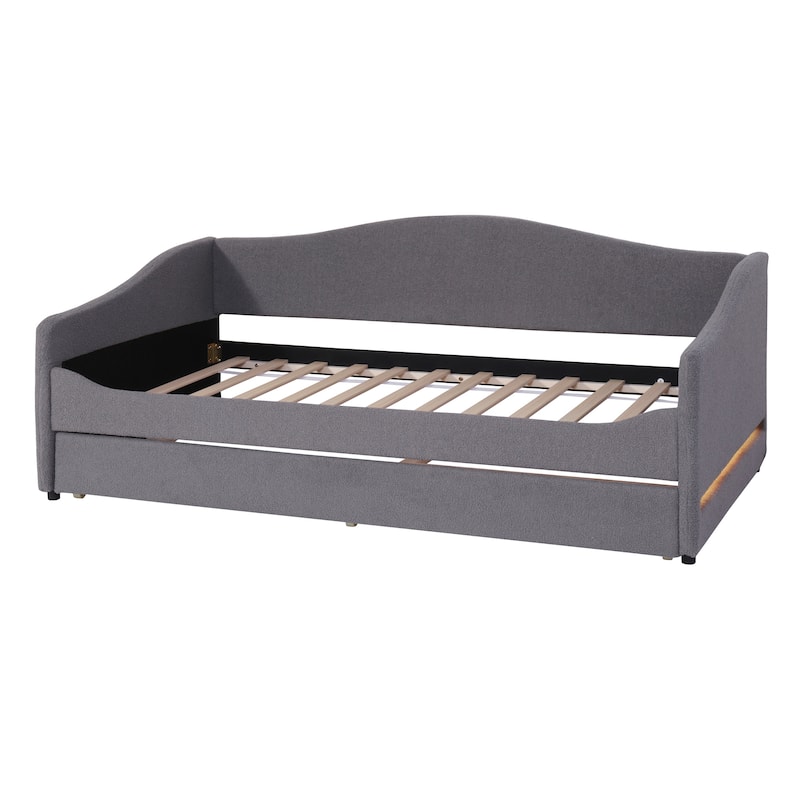 LED Daybed Frame Teddy Fleece Upholstered Sofabed, Wood Panel Bed with Pull-out Trundle Bed, Platform Bed Furniture