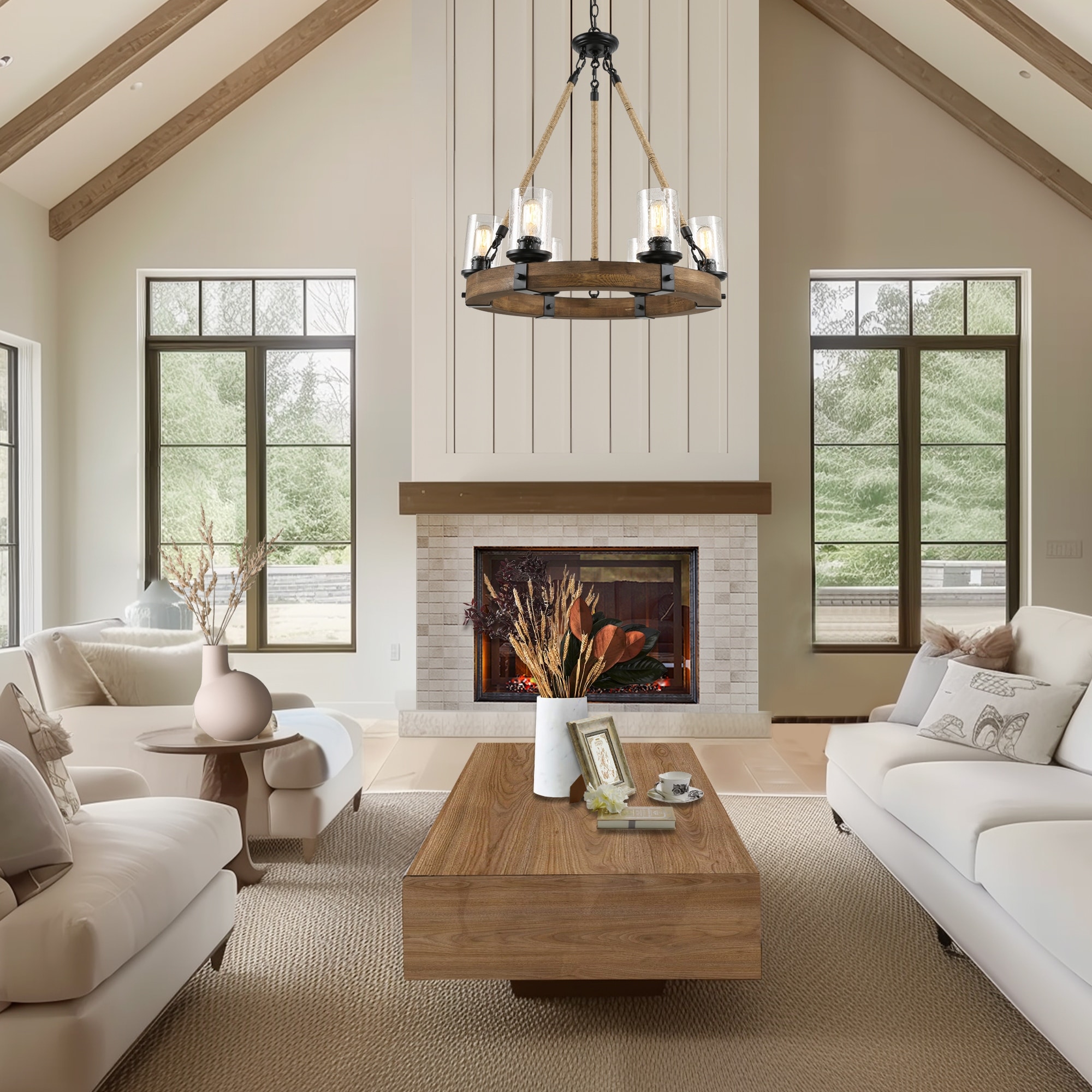 Farmhouse 6-Light Wagon Wheel Wood Chandelier with Seeded Glass
