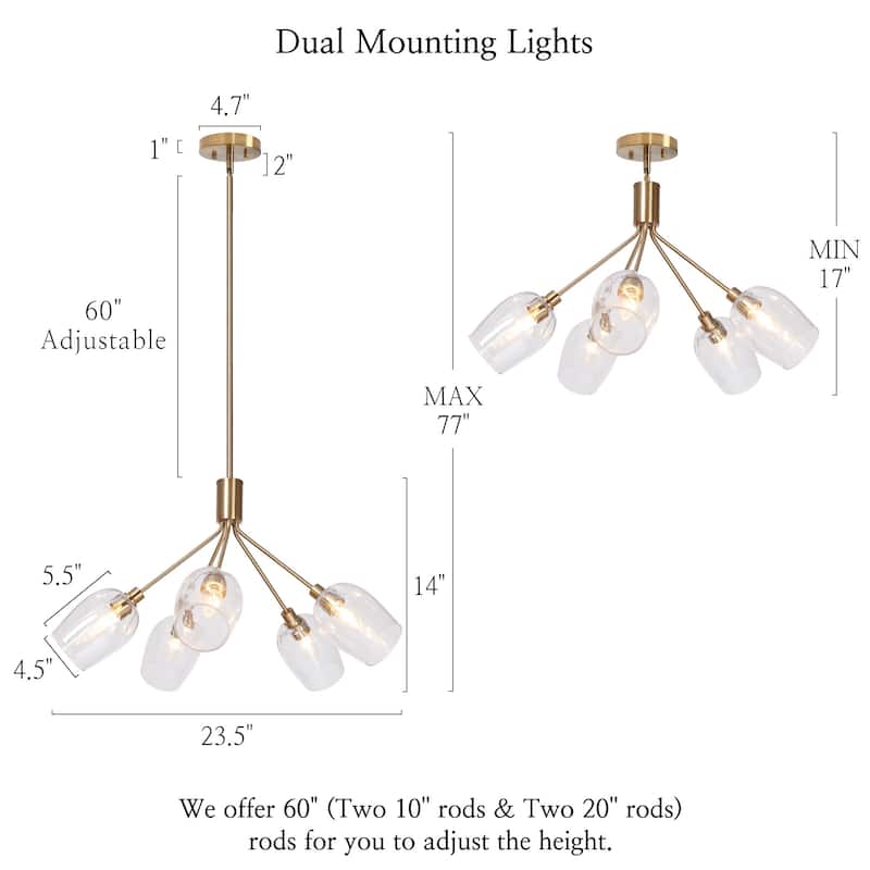 Yarge Mid-century Modern Glass Bulbs Chandelier 5-light Sputnik Pipes Semi-Flush Mount Light - D23.5"x H77"