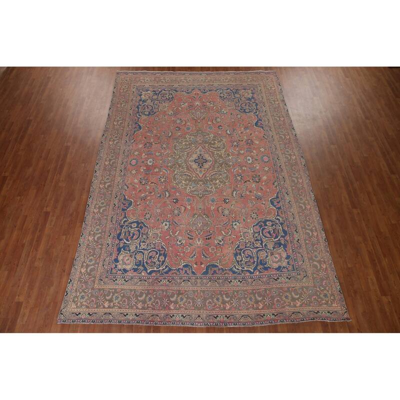 Traditional Mashad Persian Vintage Area Rug Hand-knotted Wool Carpet - 8'10" x 12'7"
