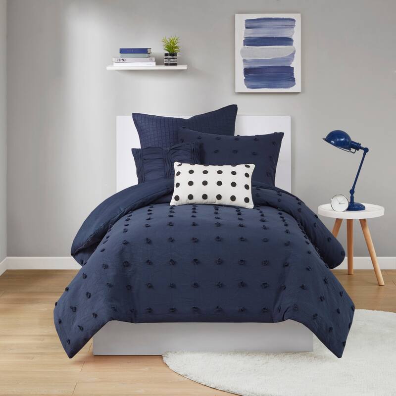 Intelligent Design Maize Cotton Jacquard Duvet Cover Set with Euro Shams and Throw Pillows - Navy - Twin