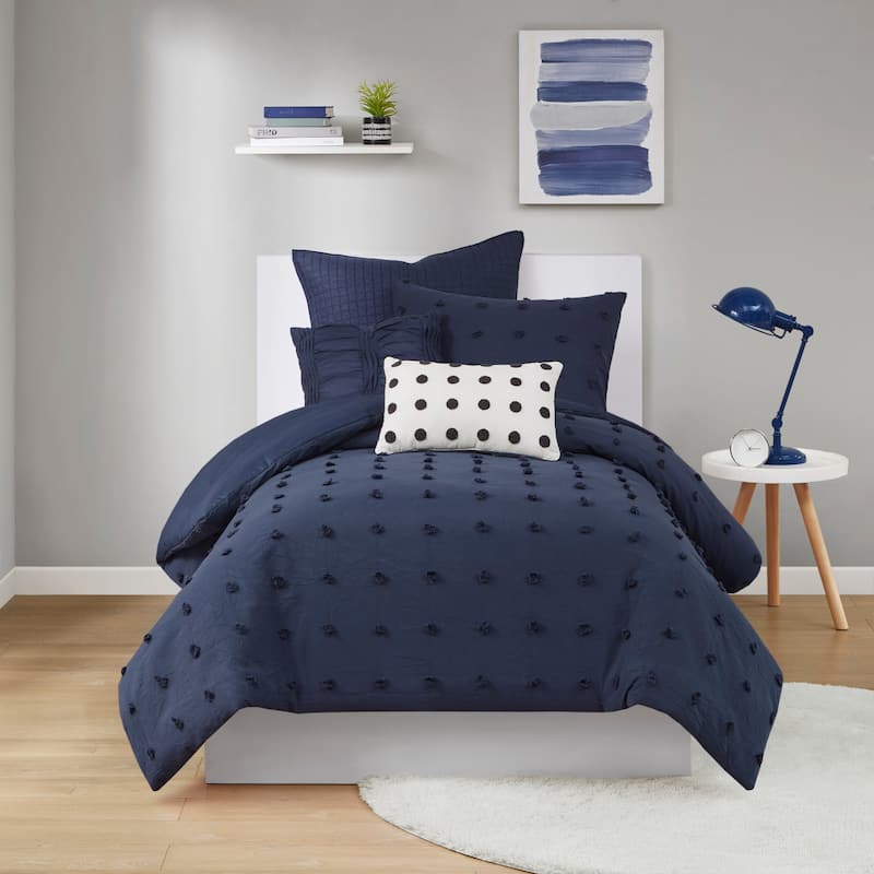 Intelligent Design Maize Cotton Jacquard Comforter Set with Euro Shams and Throw Pillows - Navy - Twin XL