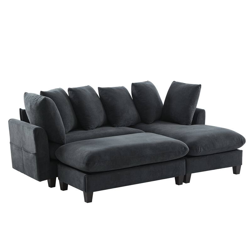 83" L-shaped Sectional Sofa with Storage, Ottoman, Pillows, Black Chenille Upholstery