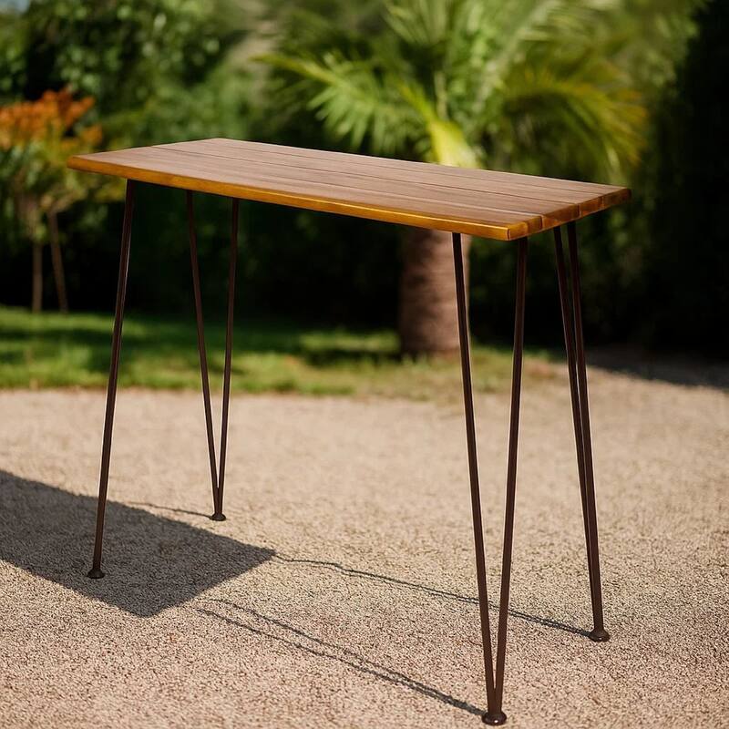 Rih Outdoor Bar Height Table, 47 Inch, Hairpin Legs, Brown Acacia Wood