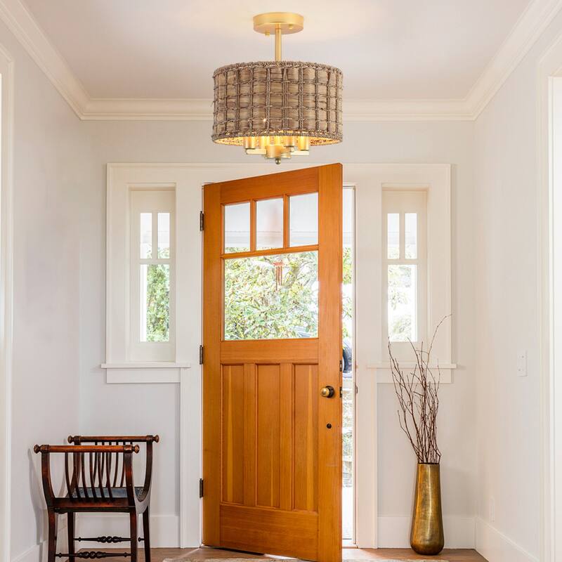 4-Light Classic Candlestick Hanging Semi Flush Mount Ceiling Lighting Chandelier with Rattan Shade for Dining Room