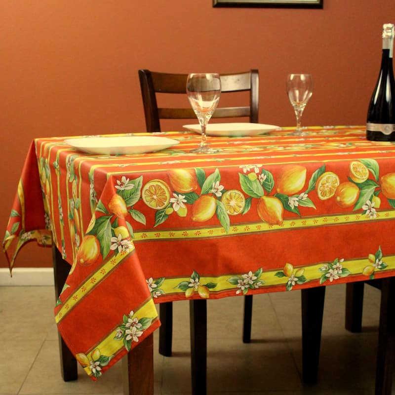 Wipeable Spill Resistant Provencal Cotton Cannes Collection Tablecloth - 60 x 98 in - Orange Citron Stripes