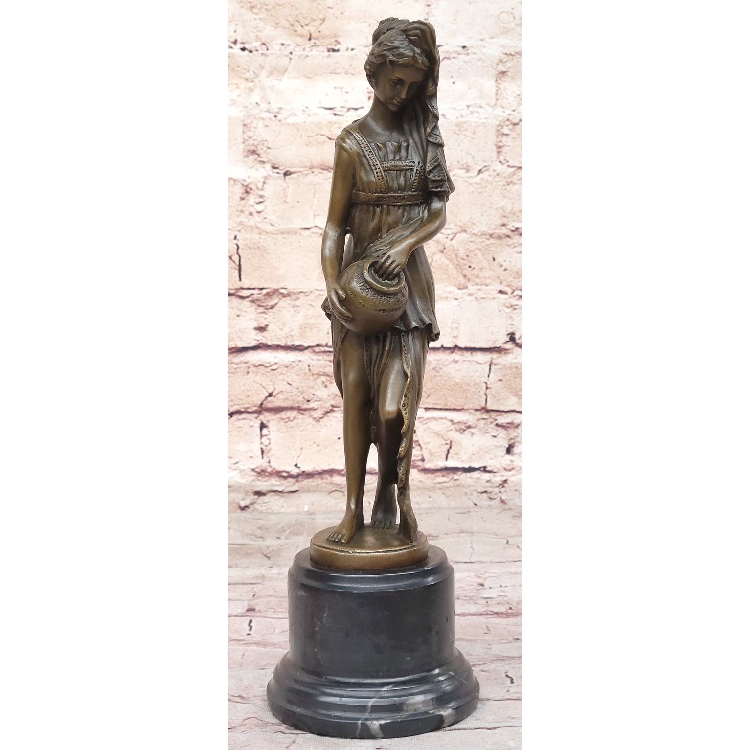 Water Bearer Young Woman Classical Bronze Sculpture Statue Figure On Marble Base By Milo