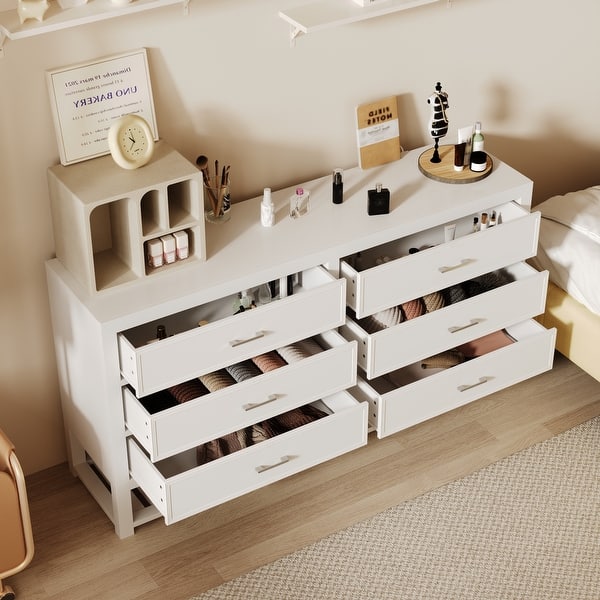 white clad dresser WLIVE Wide 6-Drawer Modern Horizontal Wood Dresser Black