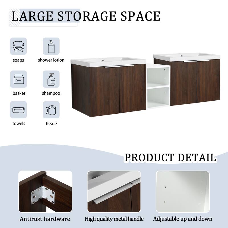 60 Inch Bathroom Vanity with Soft Close Doors, Resin Sink, Ample Storage and Matching Small Shelves (KD Packing)