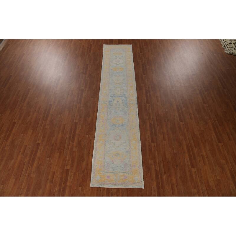 Blue Oushak Turkish Runner Rug Handmade Vegetable Dye Wool Carpet - 3'0"x 14'1"