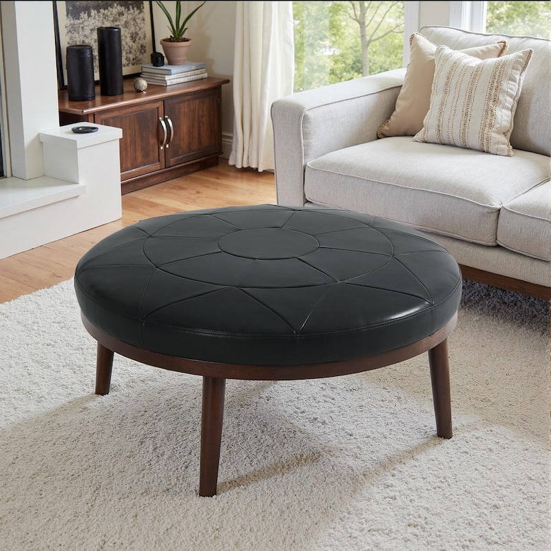 34.5" W Full-Grain Genuine Italian Leather Ottoman by Lumibee - Black