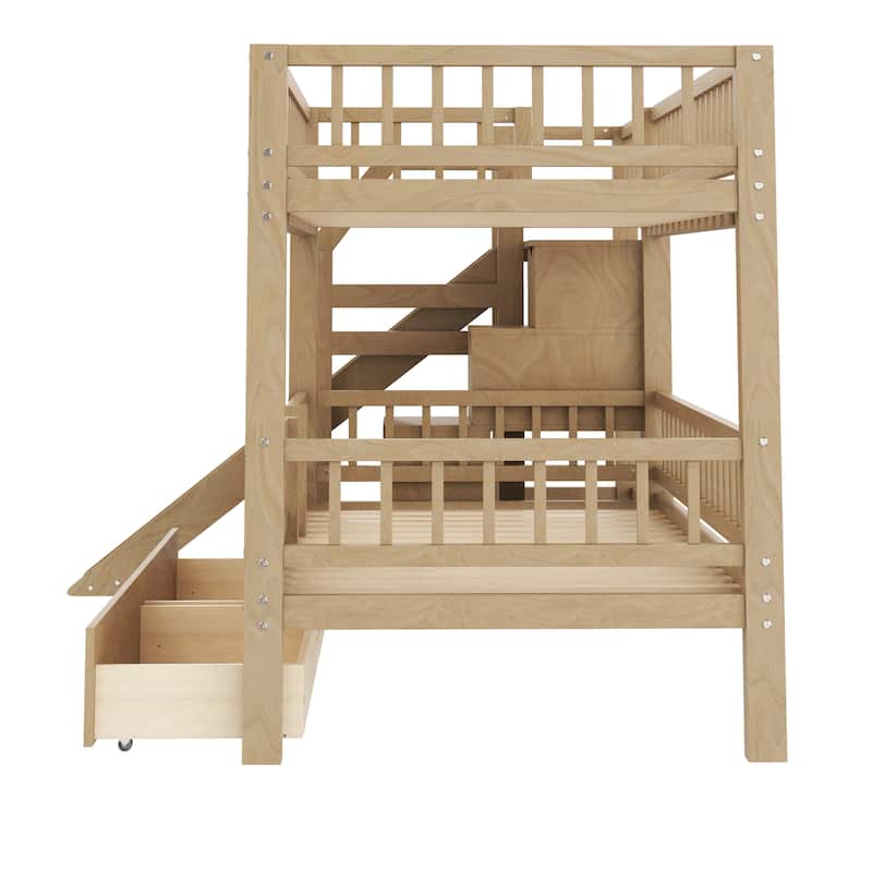 Twin Over Twin Bunk Bed with Storage Staircase, Slide and 2 Drawers
