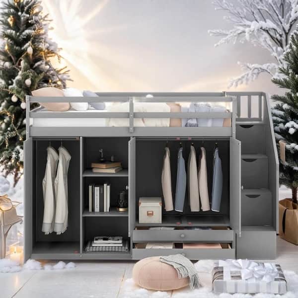 slide 2 of 36, Stylish & Simple Functional Loft Bed with 3 Shelves, 2 Wardrobes and 2 Drawers, Ladder with Storage, No Box Spring Needed, Gray Grey