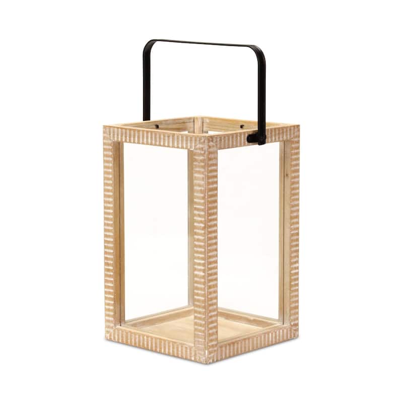 Ridged Rectangular Wooden Tabletop Lantern - 16"