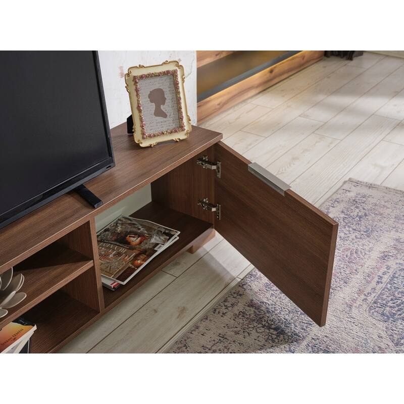 FurnisHome Store Luxia Mid Century Modern Tv Stand 2 Sliding Door Cabinet 2 Shelves 67 inch Tv Uni, White