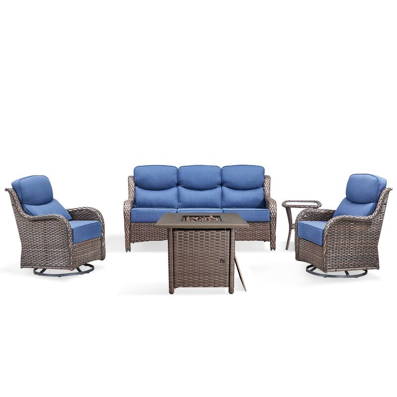 Pocassy 5 Pieces Outdoor 6" Sofa Swivel Chair with Fire Pit Table