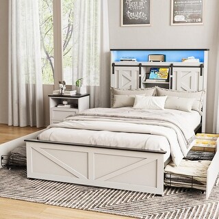 Twin Size Farmhouse Bed Frame with 4 Drawers, Headboard Bookcase, LED ...