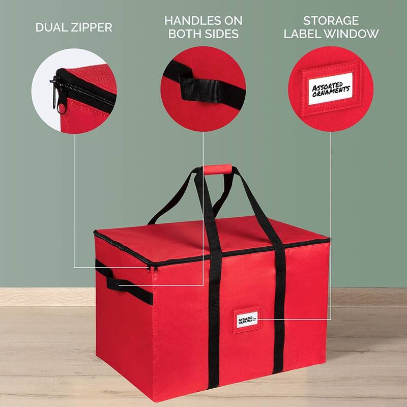 Christmas Ornament Storage Container - Heavy Duty 600D Tear Resistant Material, Zippered, Adjustable Dividers