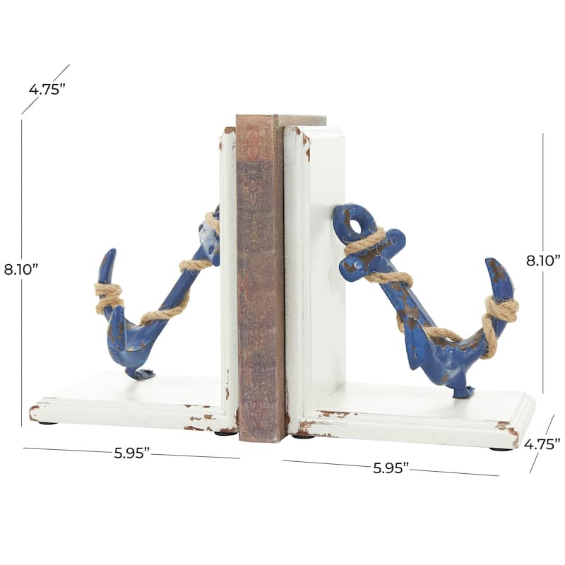 Blue Wood Distressed Anchor Decorative Bookends with Rope Accents and White Wood Stands (Set of 2)