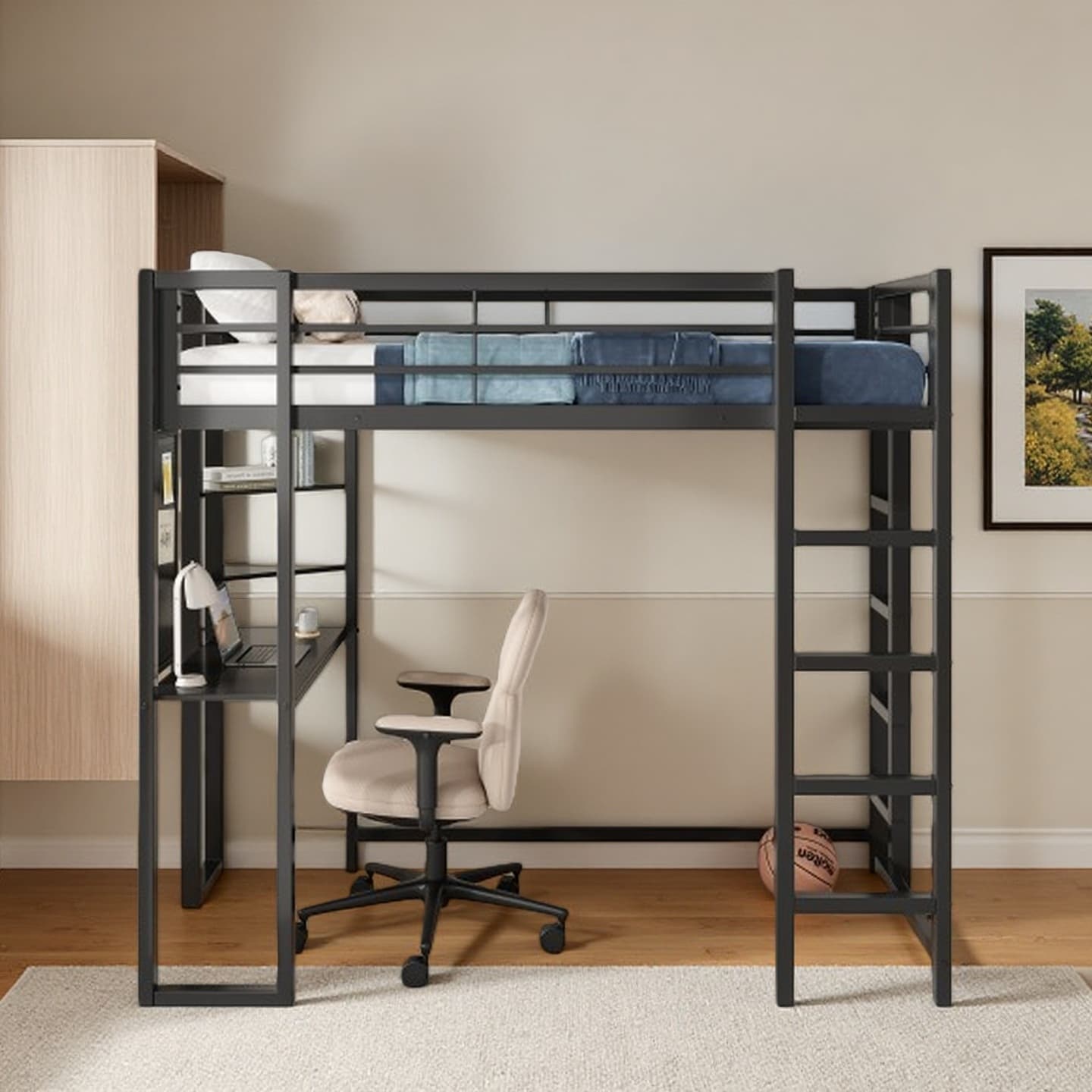 Twin Loft Bed with Built-In Desk and Shelves, Metal Frame with Guardrails and Ladder, Space-Saving Bed