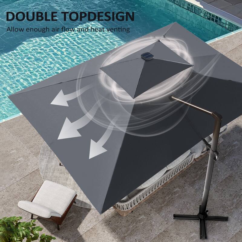 10 X 13 FT Outdoor Patio Cantilever Umbrella with Solar Lights Wheeled Base Double Canopy 360 Rotation Tilt