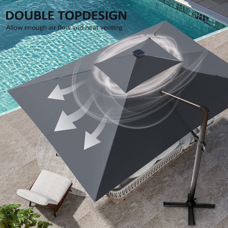 Pellebant Outdoor 10x13FT Patio Cantilever Umbrella Dual Top Lar Lighted with Wheel Base