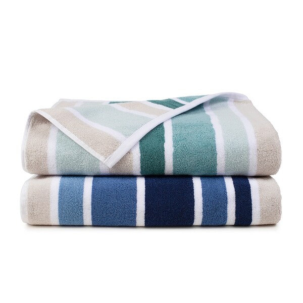 blue and green striped bath towels