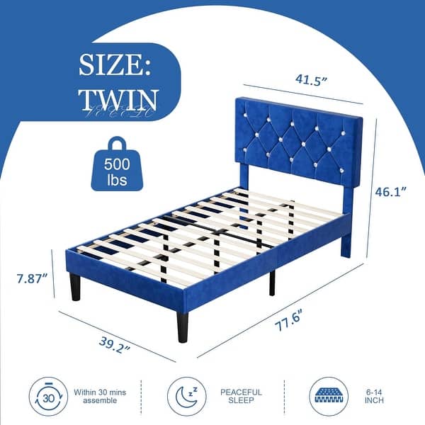 dimension image slide 3 of 6, VECELO Upholstered Kids Bed Frame with Diamond Tufted Headoard,Twin Size Bed Set of 2