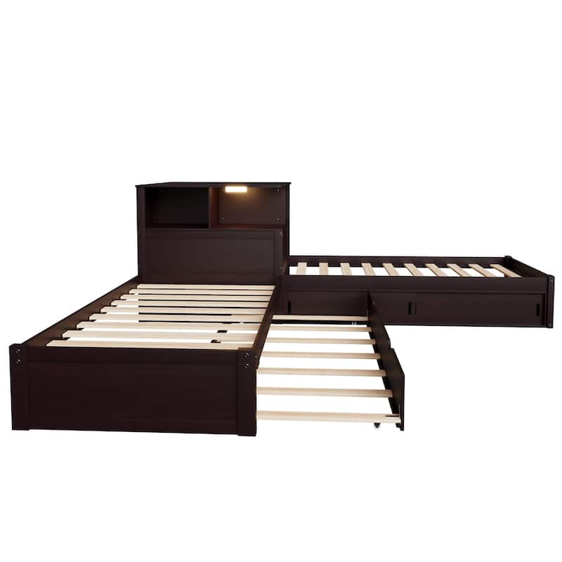 Roomfitters Twin L-Shaped Platform Bed with Trundle, Storage Cabinets and LED Desk