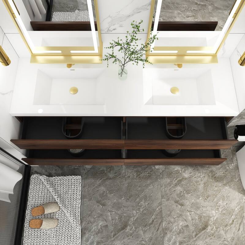 MDF Wall-Mounted Bathroom Vanity Set in Rose Wood with Integrated Culture Marble Sink