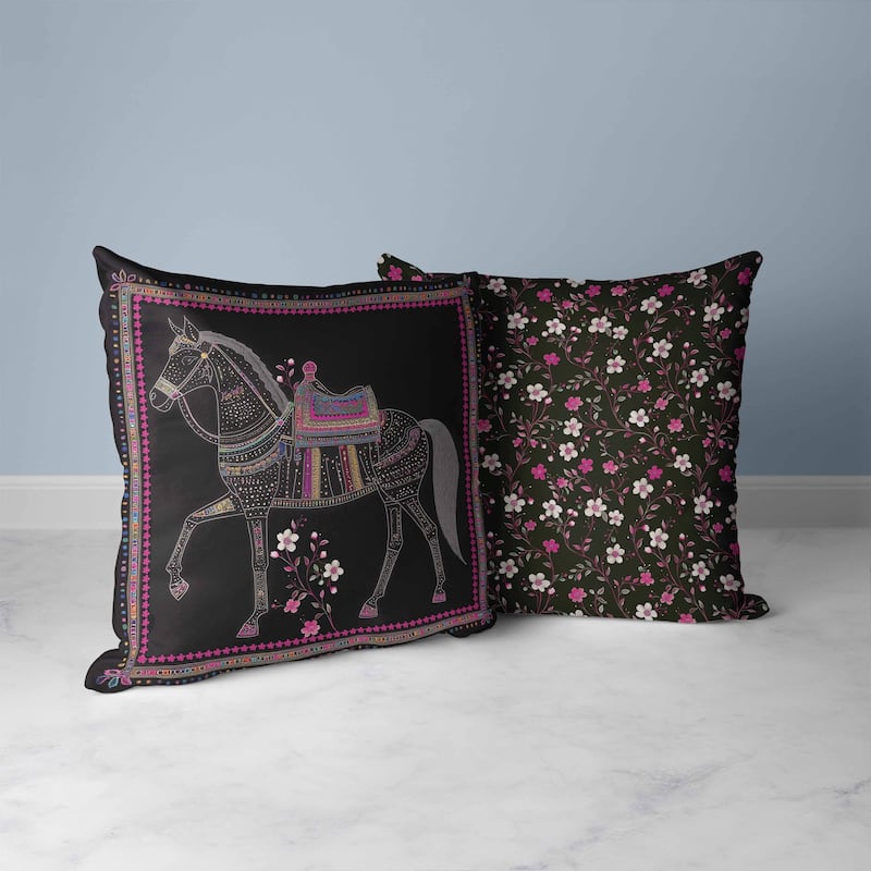 Painted Pony Faux Suede Reversible Throw Pillow Black and Pink
