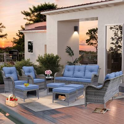 Gray Wicker Outdoor Patio Furniture Sofa Seating Set with Beige Cushions
