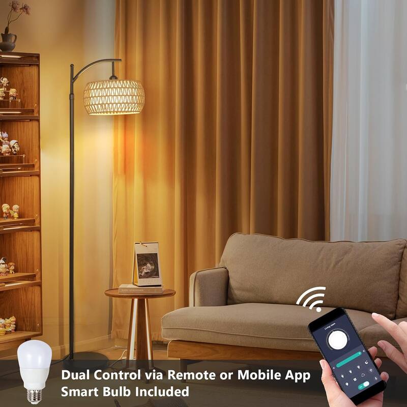 Arc Floor Lamp with Remote Control,Dimmable LED Lamp with 3 Color Temperature,Standing Lamp with Rattan & Fabric Drum Shade