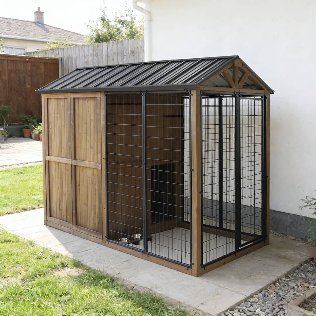 VEIKOUS Large Outdoor Integrated Dog House with Run, Natural Cedar Wood Construction, Brown - 4×8FT