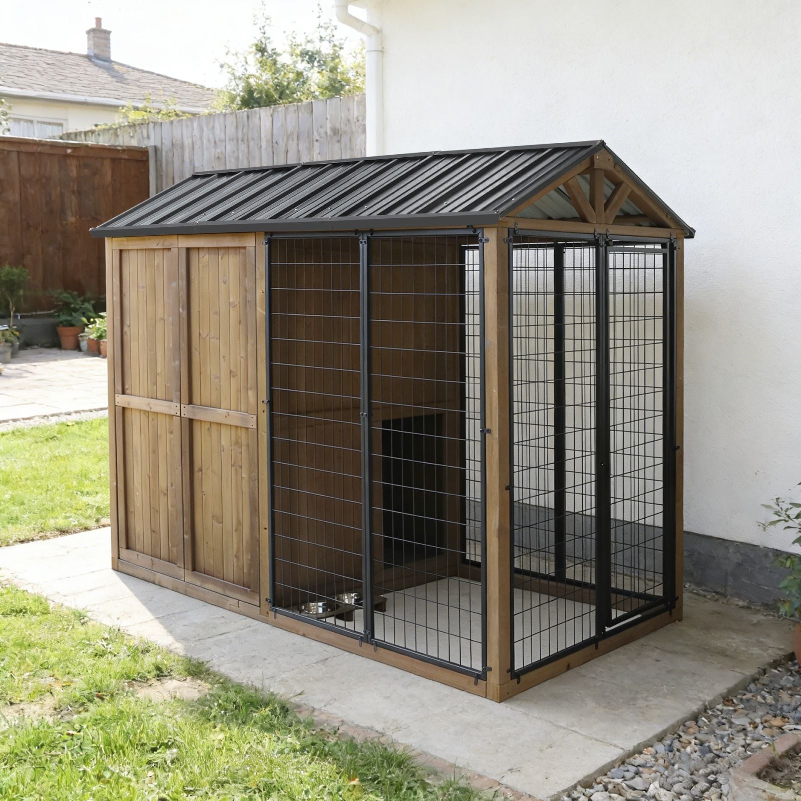 VEIKOUS Large Outdoor Integrated Dog House with Run, Natural Cedar Wood Construction, Brown - 4×8FT