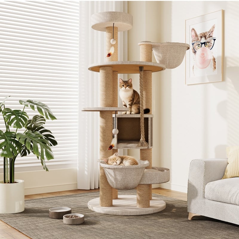 64"H Cat Tree Tower with Scratching Posts and Toys, Multi-Function Cat House for Indoor Cats - 64"