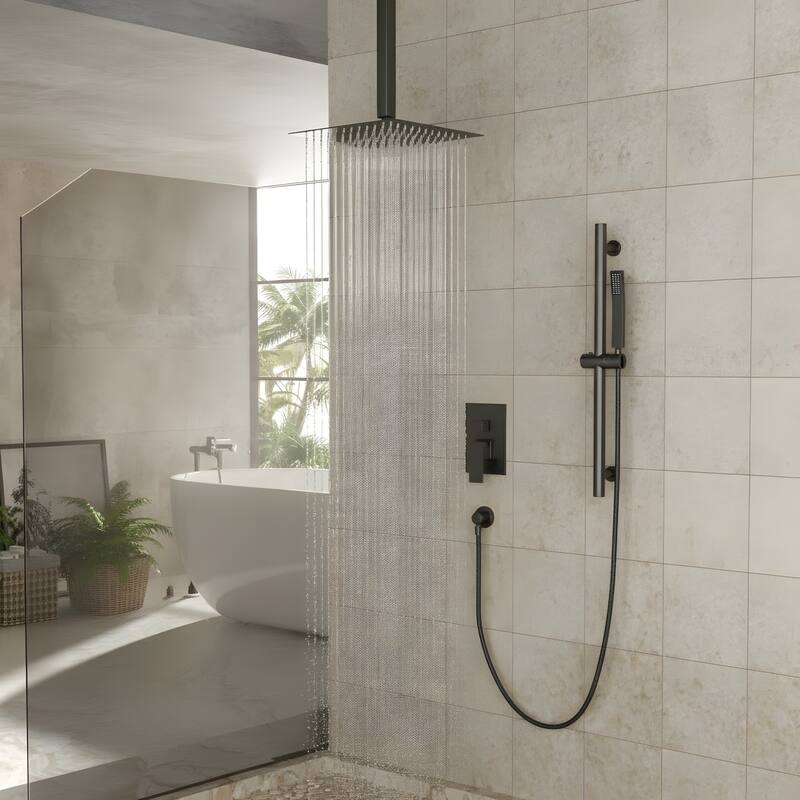 Wall Mounted Square Shower System and Handheld Showerhead Set - 16" - Matte Black