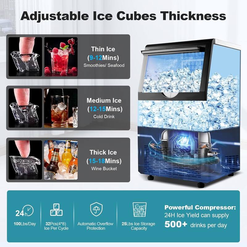 Commercial Ice Maker 100lbs/24H Ice Maker Machine Auto Self-Cleaning Digital Display Freestanding Ice Machine