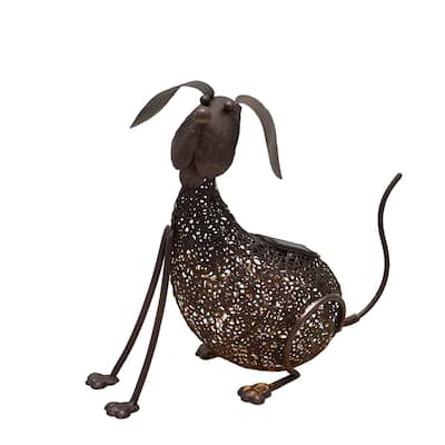14" LED Solar Lighted Brown Steel Dog Outdoor Garden Statue
