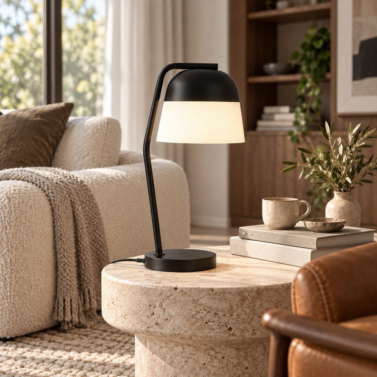 Modern Black Table Lamp with Curved Metal Arm and Fabric Shade - 7.5