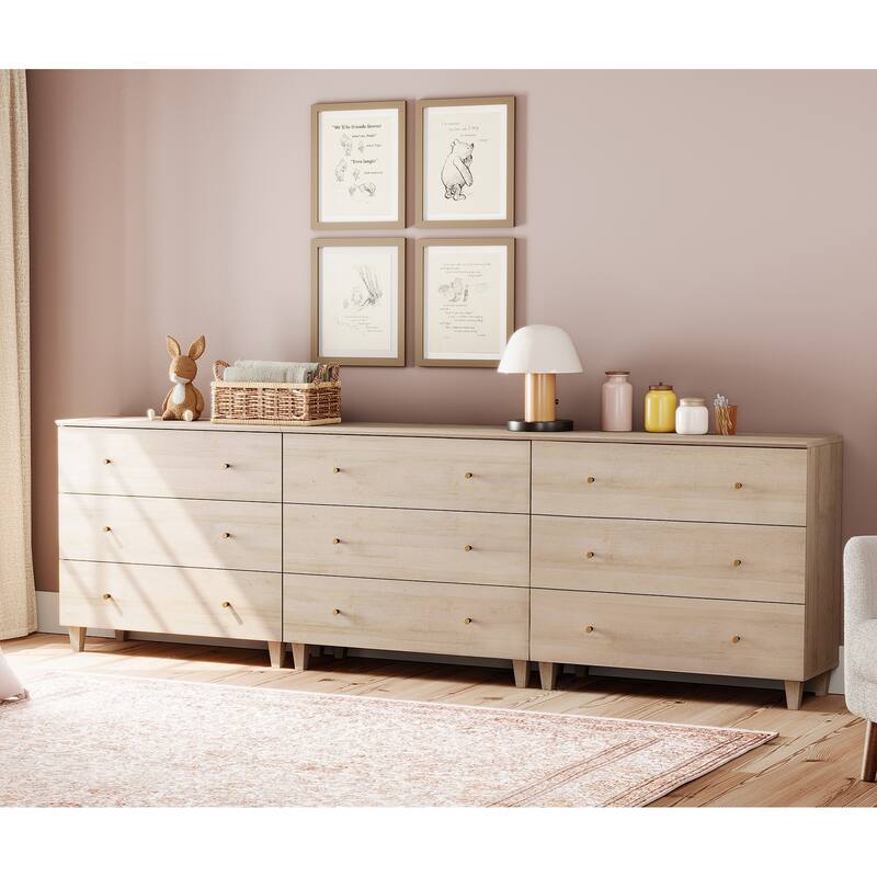 Wood Dresser with 3 Wide Drawers for Bedroom, Kids Room - Natural Oak - 9-drawer