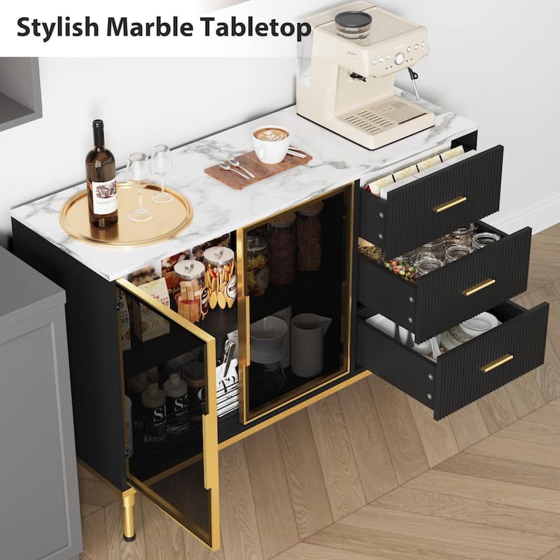 Fluted Sideboards Buffets Cabinet with Glass Doors, 3 Drawers, Marble Top Kitchen Sideboard Cabinet