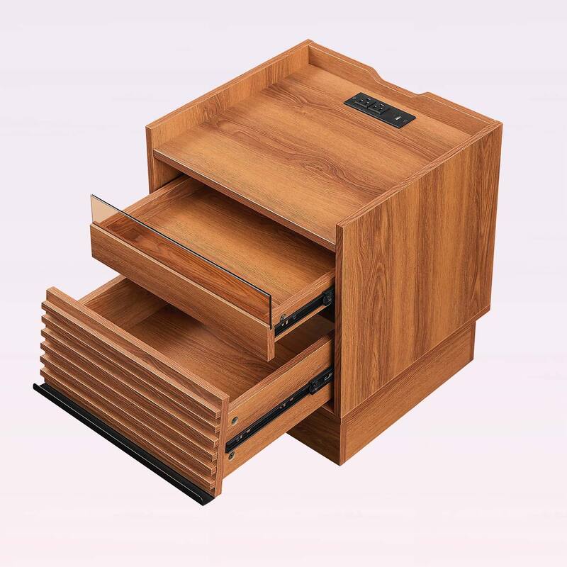 Nightstand with Charging Station,LED Lights,and 2 Drawers,for Bedroom or Living Room