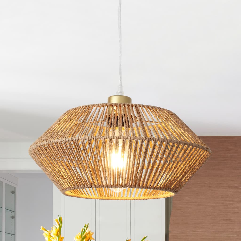 Boho Coastal 1-Light Hand Woven Rattan Pendant Light for Kitchen Island